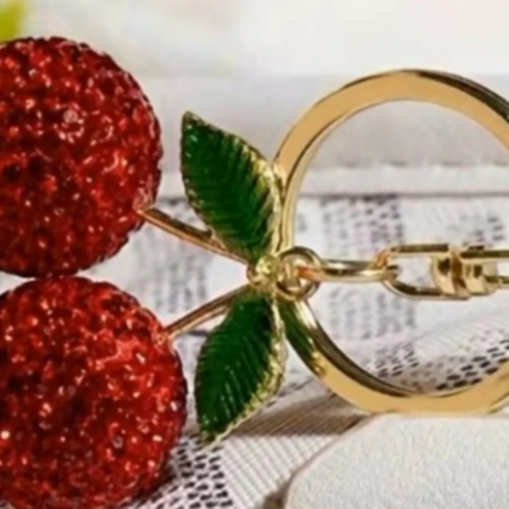Trending Cherry Keychain Bag Charm Red Green Beaded Crystal Rhinestone NEW